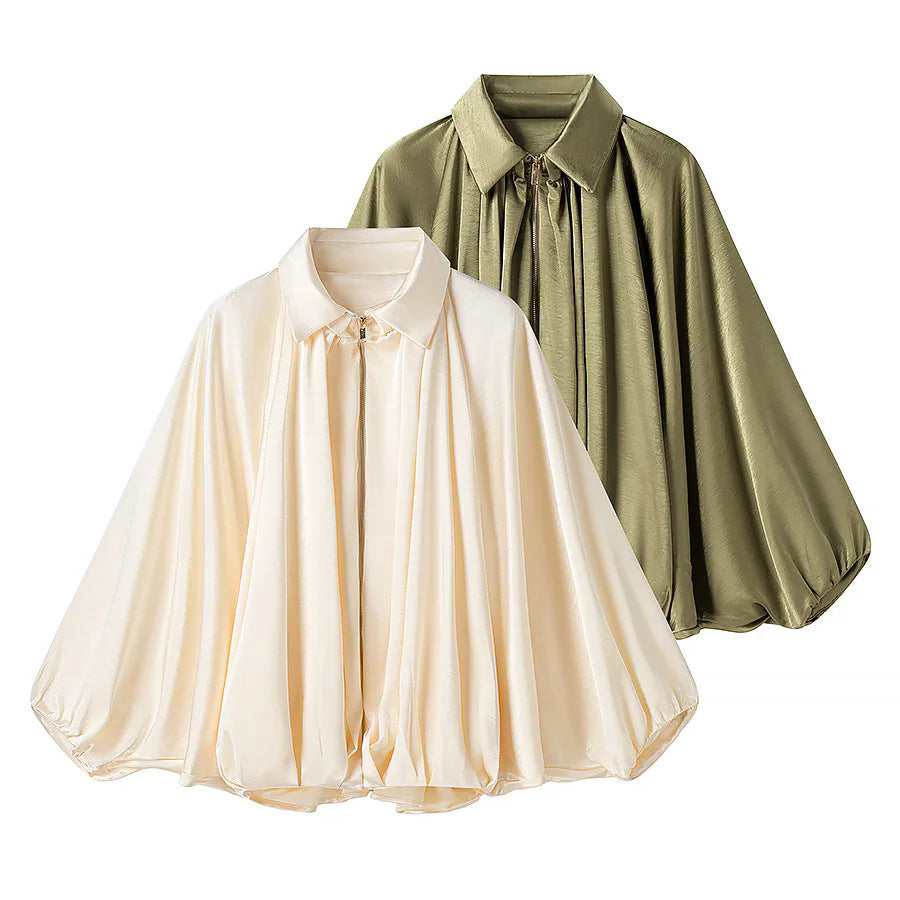 Damen nan weite Satin-Cape-Bluse mit Hemdkragen, zentralem Reißverschluss und ballonärmeln Drune