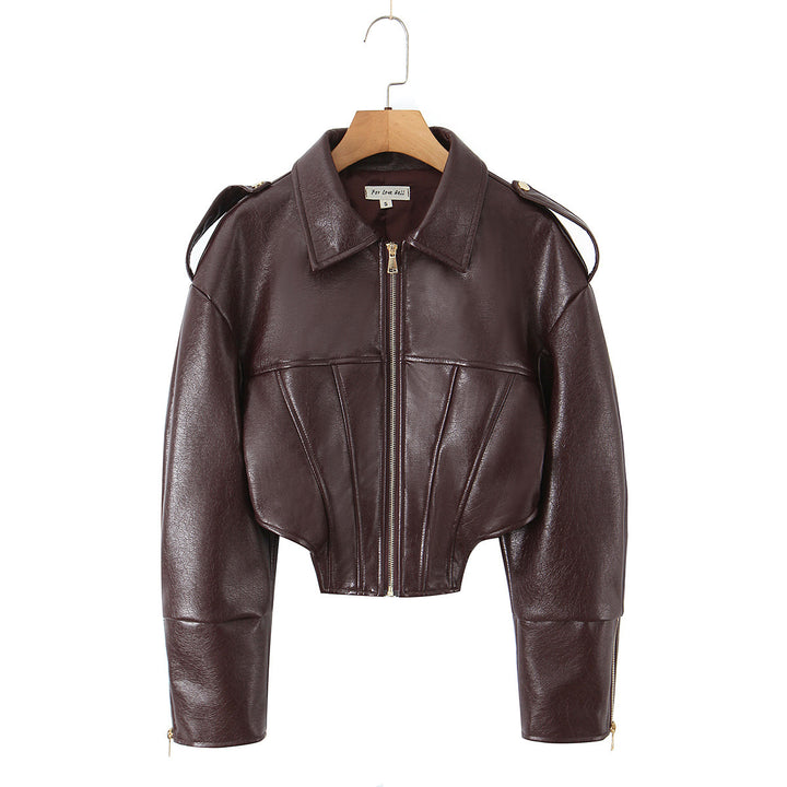 Damen Cropped-Lederjacke mit taillierter Korsett-Optik, Schulterriegeln und Reißverschluss Drune