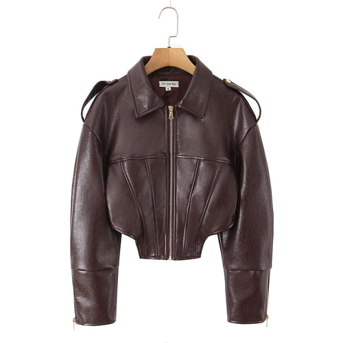 Damen Cropped-Lederjacke mit taillierter Korsett-Optik, Schulterriegeln und Reißverschluss Drune