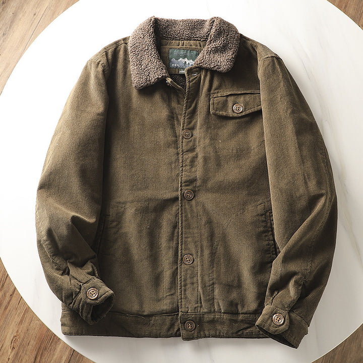Herren nan gefütterte Cordjacke mit Teddykragen, Knopfleiste und aufgesetzten Taschen Drune