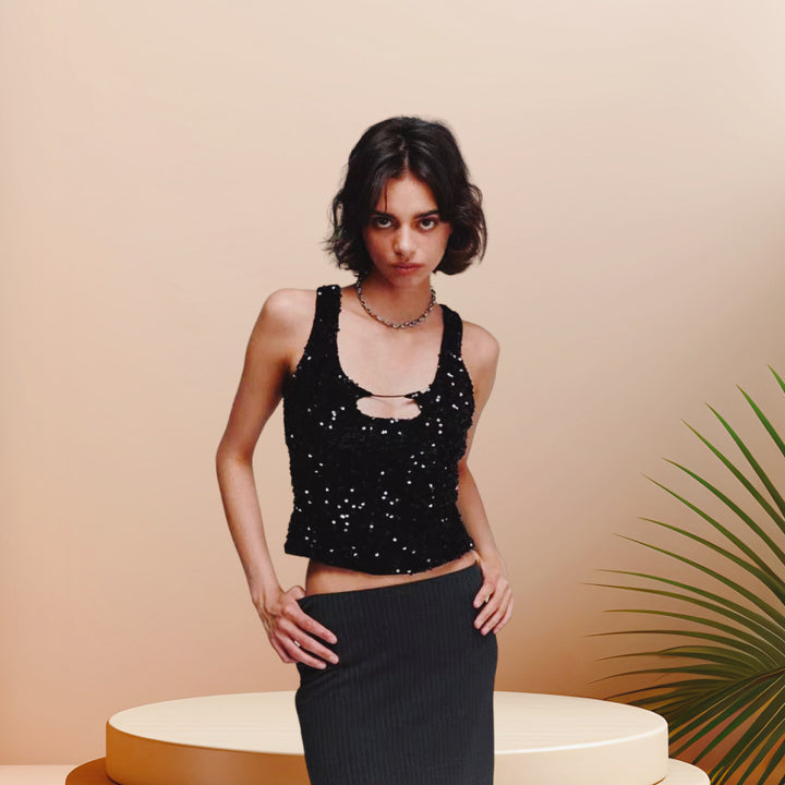 Damen Glitzerndes Crop-Top mit schimmerndem Effekt und scoop-cut Ausschnitt Drune