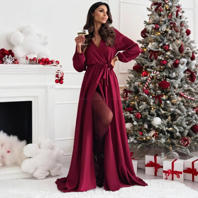 Damen elegantes Maxikleid mit schlanker Silhouette und tailliertem Gürtel Drune