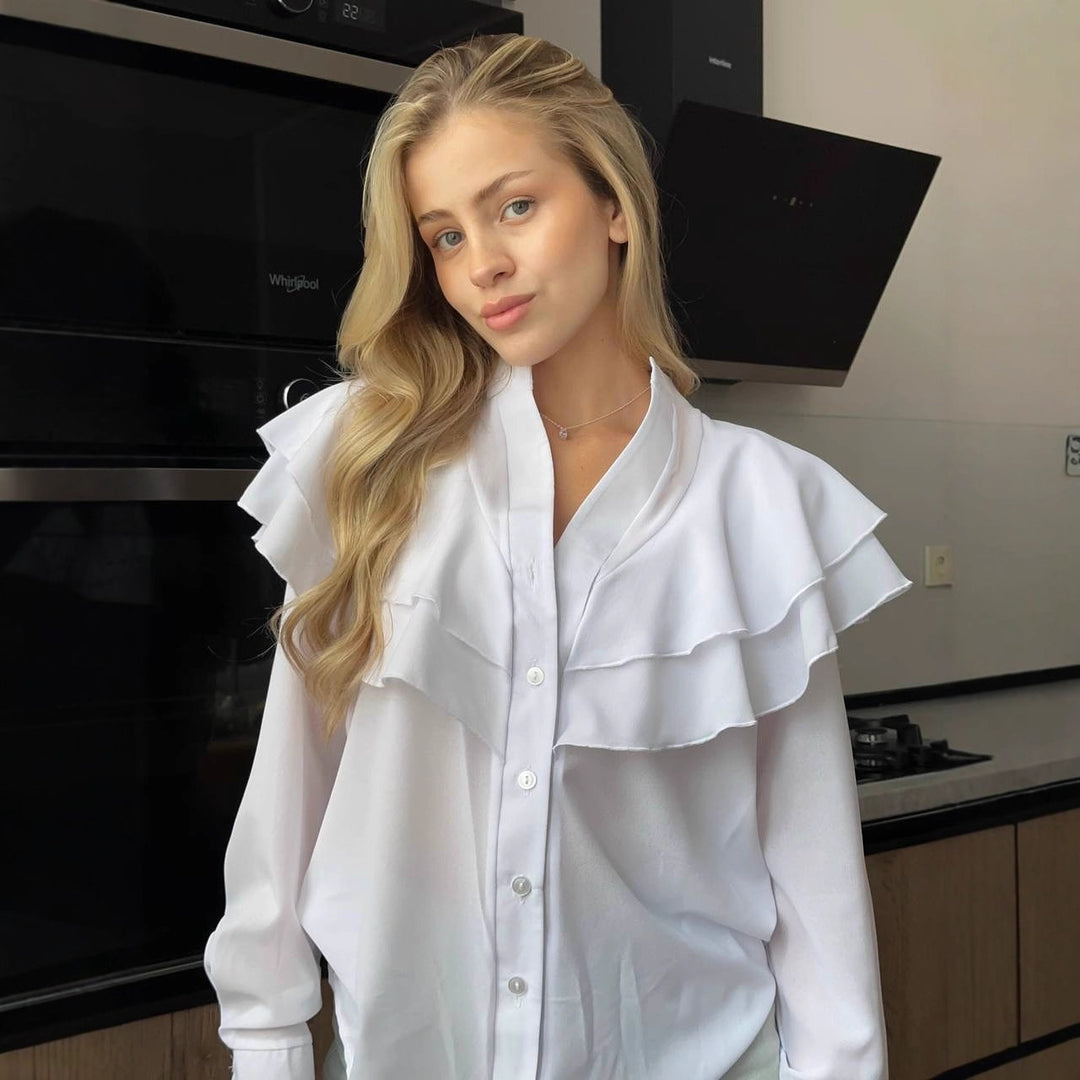 Damen Chiffon-Bluse mit mehrlagiger Volant-Rüsche und Perlmuttknöpfen Drune