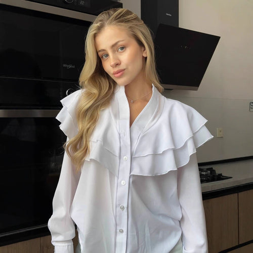Damen Chiffon-Bluse mit mehrlagiger Volant-Rüsche und Perlmuttknöpfen Drune