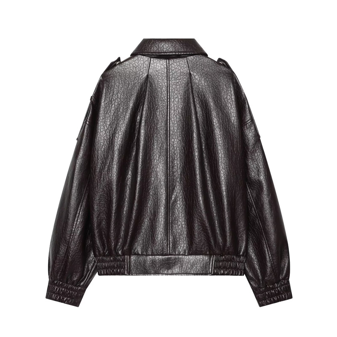 Damen Oversized Kunstleder-Bomberjacke mit Schulterklappen und gerafftem Saum Drune