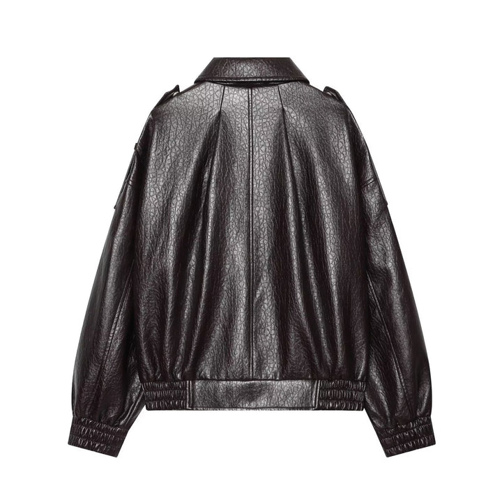 Damen Oversized Kunstleder-Bomberjacke mit Schulterklappen und gerafftem Saum Drune