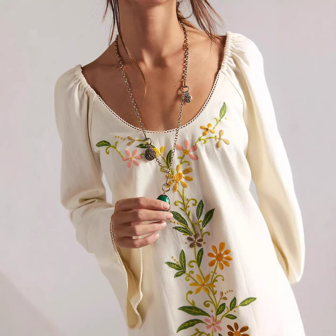 Damen Blusenkleid mit floralen Stickereien und weit ausgestellten Ärmeln Drune