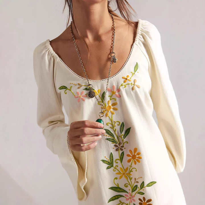 Damen Blusenkleid mit floralen Stickereien und weit ausgestellten Ärmeln Drune