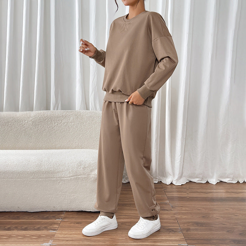 Damen Lässiges Sweat-Set mit Oversize-Rundhals und High-Waist-Hose mit Knopfmanschette Drune