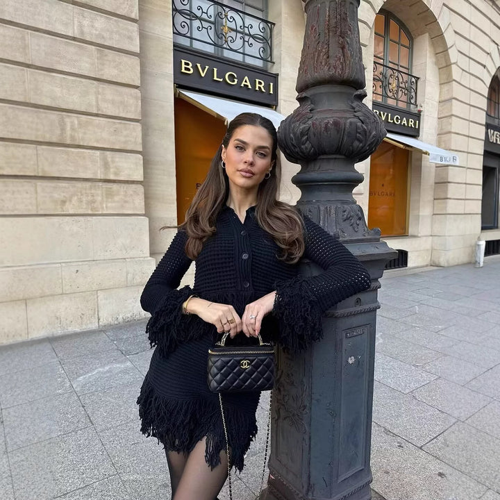 Damen Taillierte Strickjacke mit Fransenbesatz und Hemdkragen Drune