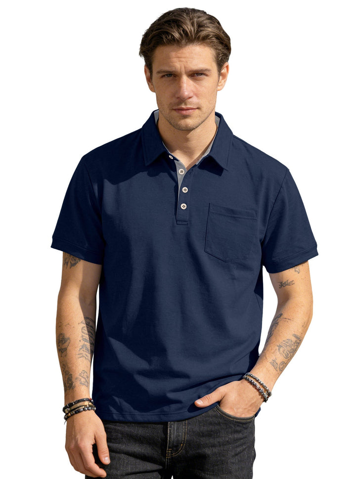 Herren nan Kurzarm-Polokragen-Shirt aus texturiertem Jersey mit Brusttasche und kontrastierter Knopfleiste Drune