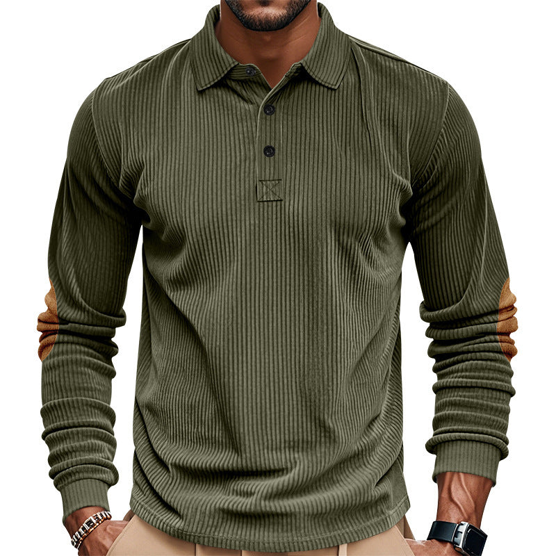 Herren nan schwerer gerippter Baumwoll-Polo-Pullover mit Kentkragen dreifach-Knopfleiste und Wildleder-Ellenbogenpatches Drune