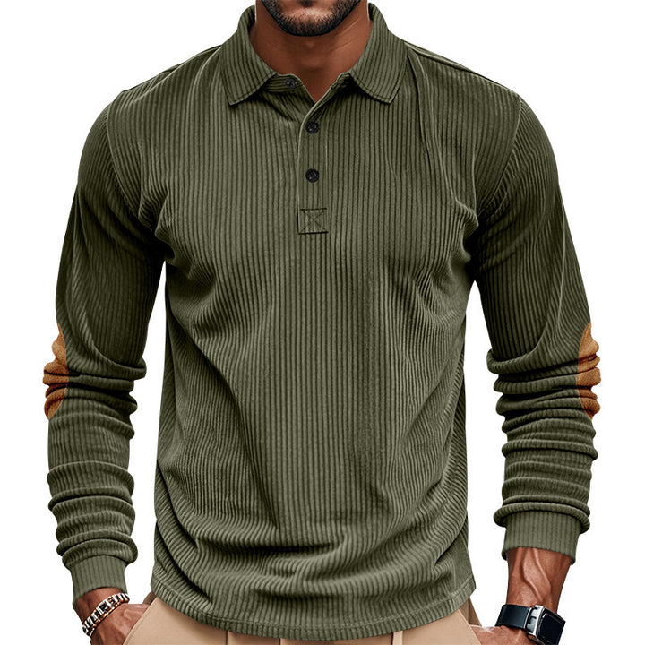 Herren nan schwerer gerippter Baumwoll-Polo-Pullover mit Kentkragen dreifach-Knopfleiste und Wildleder-Ellenbogenpatches Drune