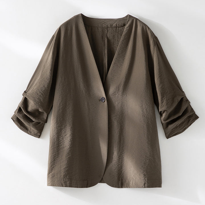 Damen Leichter Oversize-Blazer mit V-Ausschnitt, Ein-Knopf-Verschluss und gerafften Dreiviertelärmeln Drune