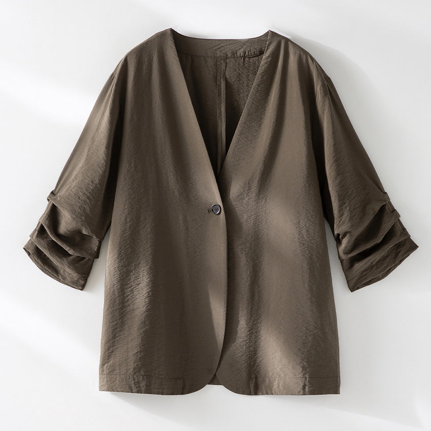 Damen Leichter Oversize-Blazer mit tiefem V-Ausschnitt und gekräuselten Ärmeln Drune