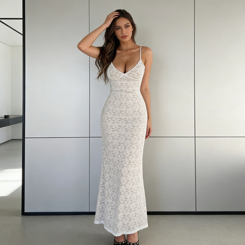 Damen Figurbetontes Spitzen-Maxikleid mit schmalen Spaghetti-Trägern Drune