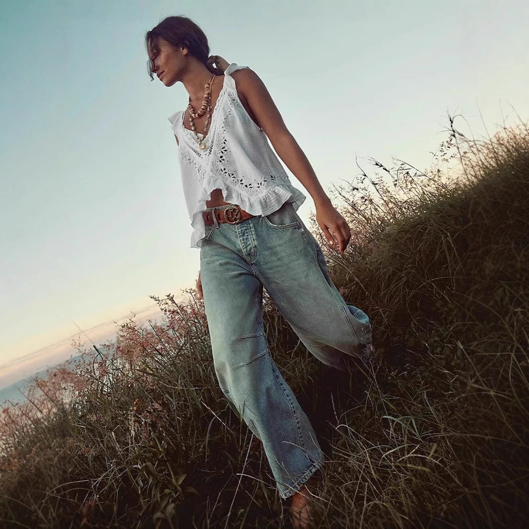Damen luftiger Leinen-Crop-Top mit Rüschen Drune