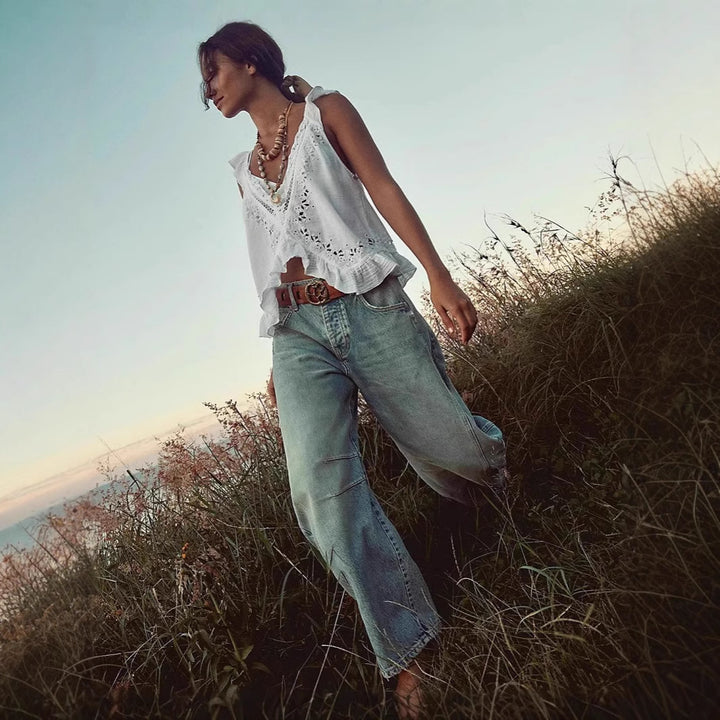 Damen luftiger Leinen-Crop-Top mit Rüschen Drune