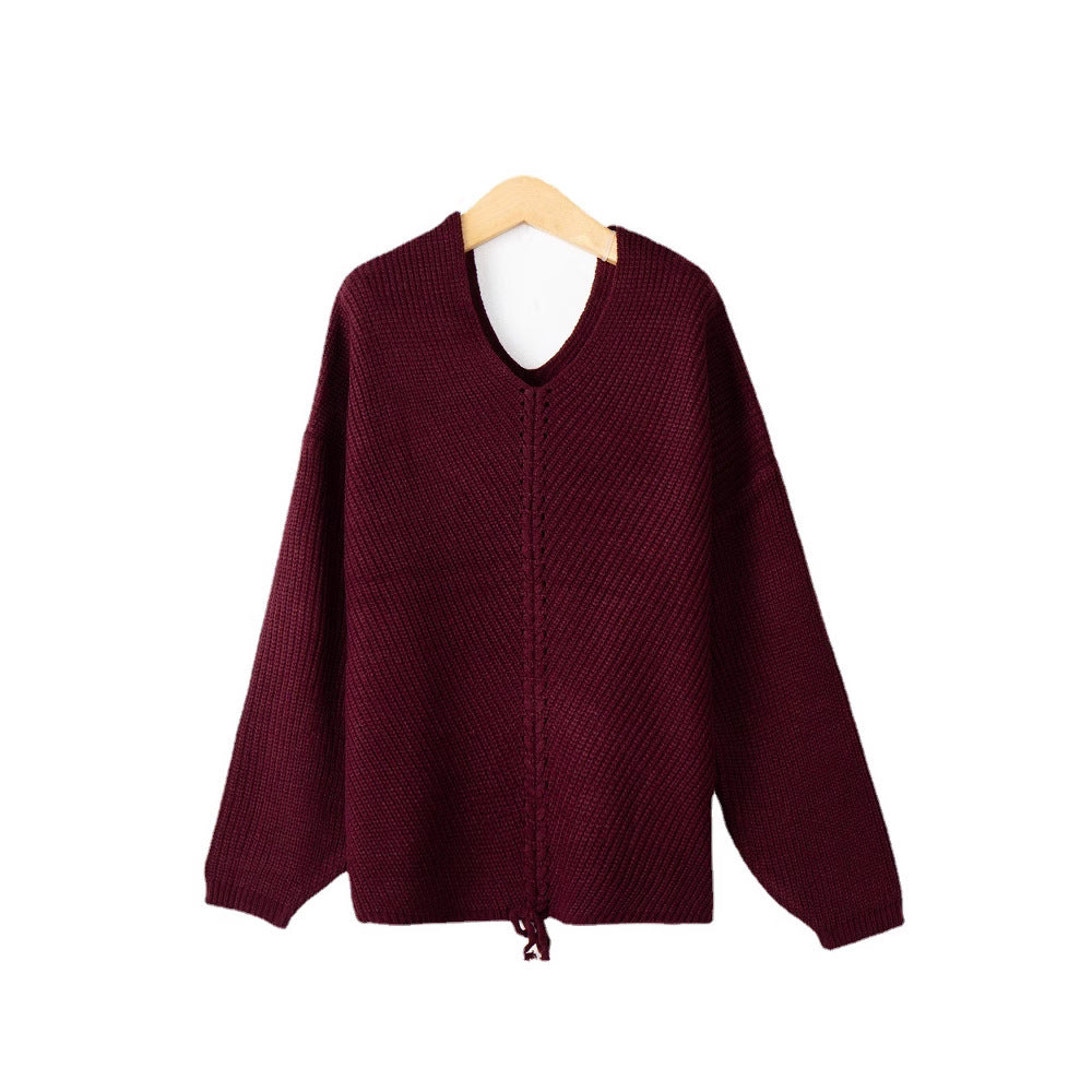Damen Strickpullover mit Zopfmittelnaht, V‑Ausschnitt und Kordelzug Drune
