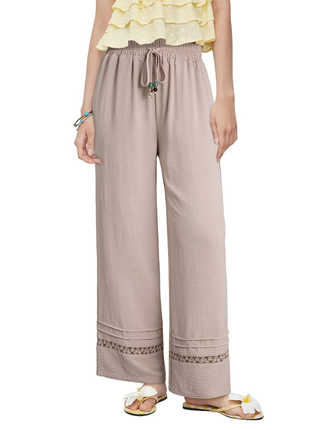 Damen Weite Leinenoptik-Hose mit hohem Gummibund, Bindekordel und Spitzeneinsatz Drune