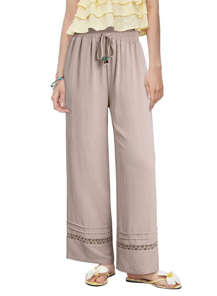 Damen Weite Leinenoptik-Hose mit hohem Gummibund, Bindekordel und Spitzeneinsatz Drune