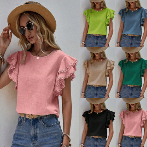 Damen Bluse mit Volantärmeln und Pompon-Spitzenbesatz Drune