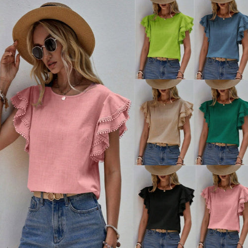 Damen Bluse mit Volantärmeln und Pompon-Spitzenbesatz Drune