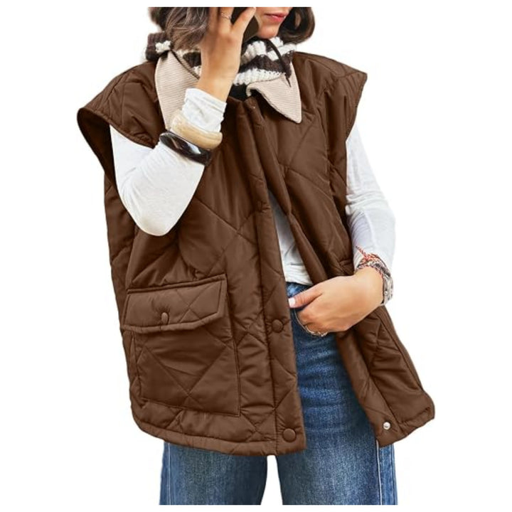 Damen Oversize Steppweste mit Druckknopf-Taschen und hohem Kragen Drune