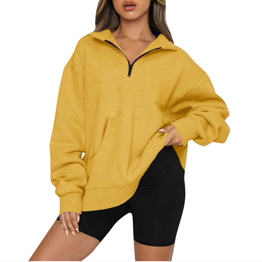Damen nan Oversize-Halbzip-Kapuzenpullover mit Kängurutasche und verlängertem Saum Drune