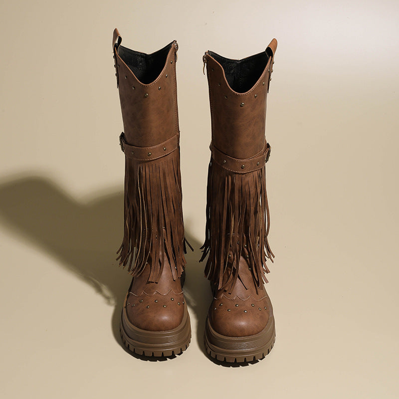 Damen Overknee-Stiefel mit modischem Fransen-Design und robustem Profil Drune