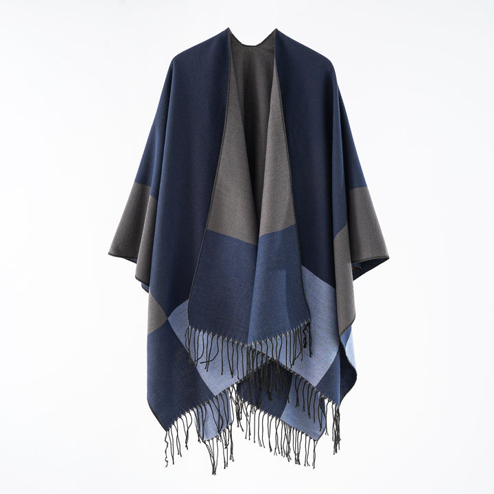 Damen eleganter Wollmix-Capeponcho mit grafischem Blockmuster und Fransen Drune