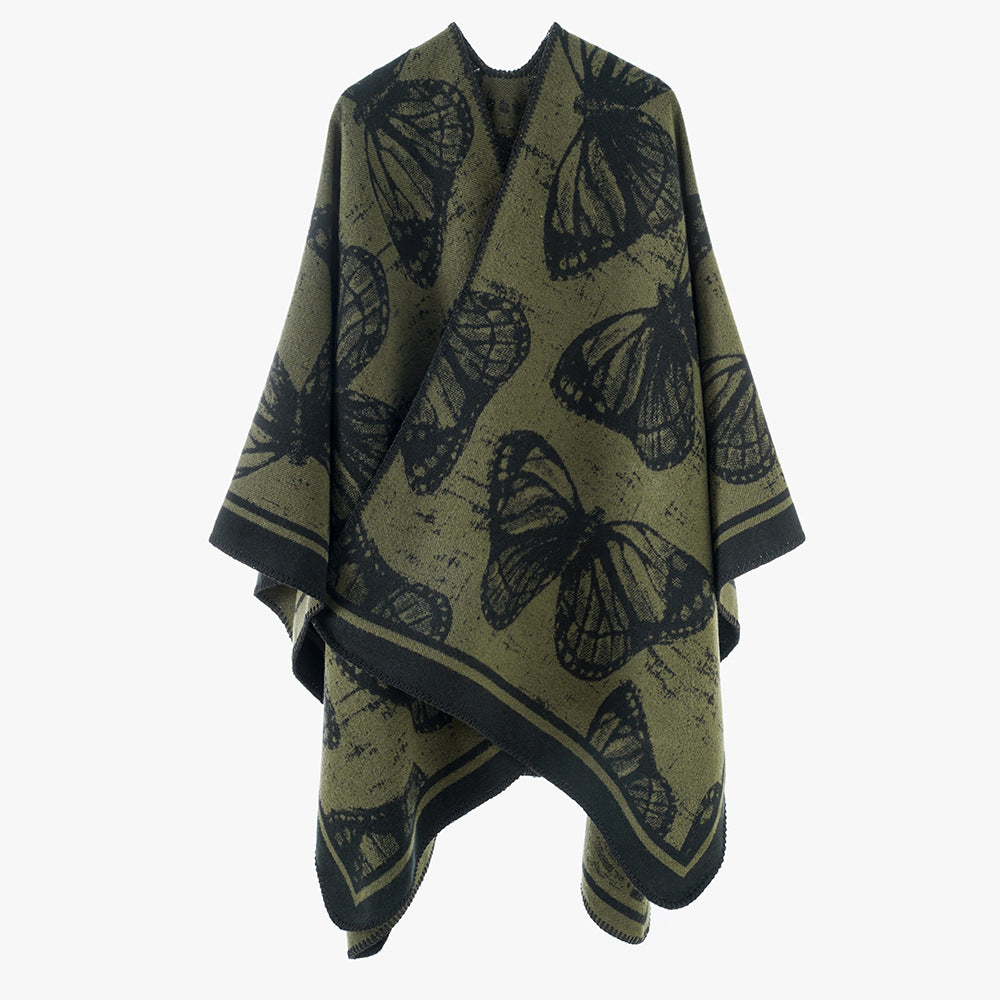 Damen Oversize-Stricküberwurf im Jacquard mit Schmetterlingsmotiv und kontrastierter Saumkante Drune