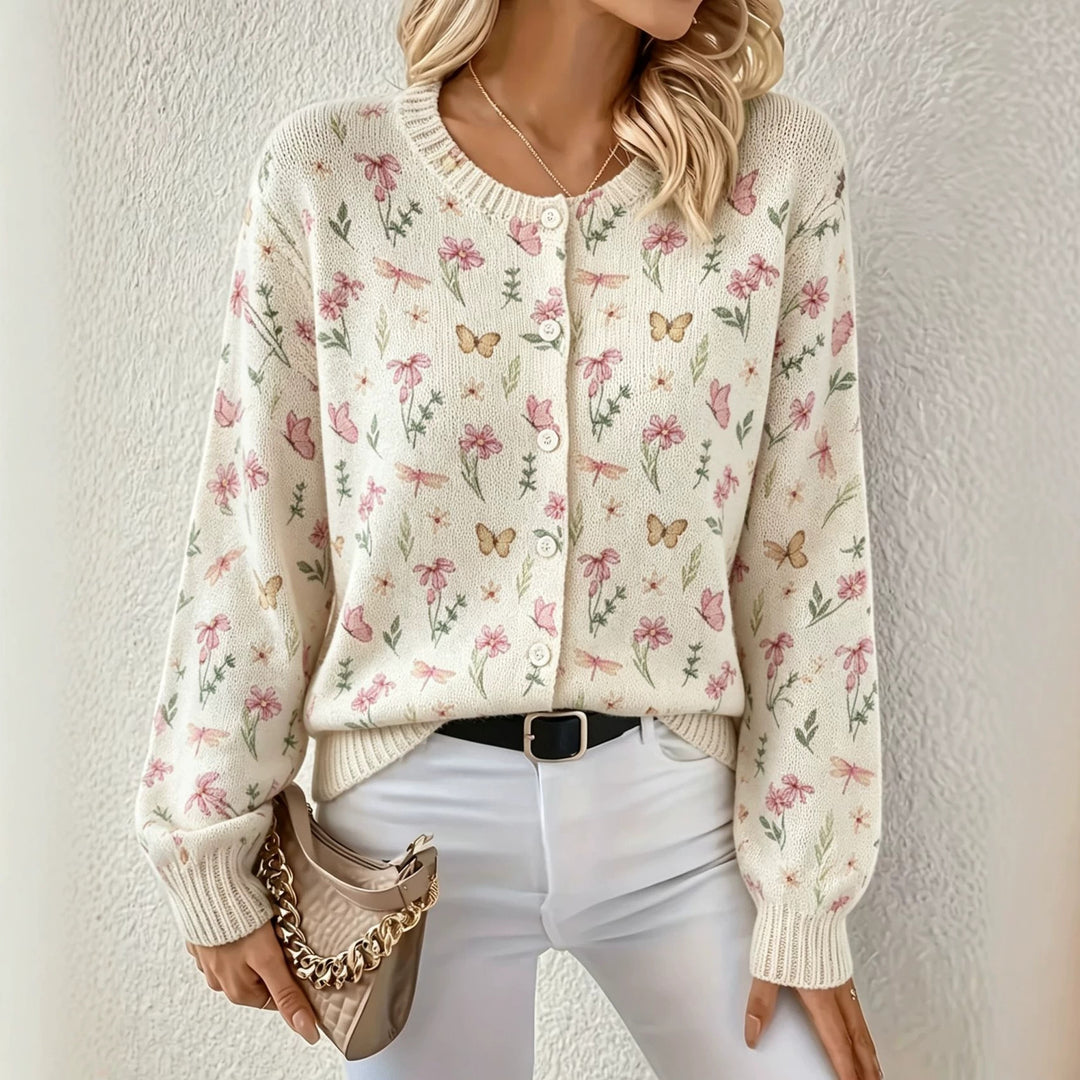 Damen Leichter Jacquard‑Strickcardigan mit Leo‑Print, Rundhalsausschnitt und Knopfleiste Drune