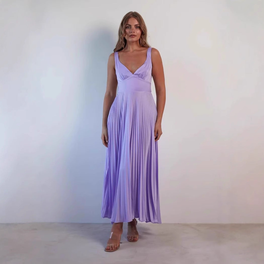 Damen Plissiertes Maxikleid mit V-Ausschnitt und schwingendem Rock Drune
