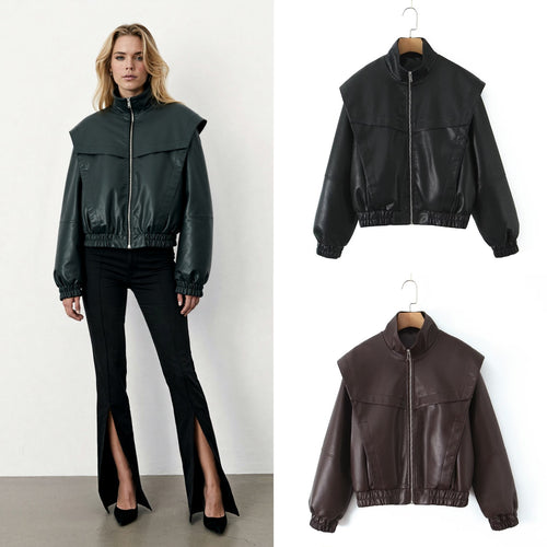 Damen elegante Kunstlederjacke mit hohem Kragen Drune