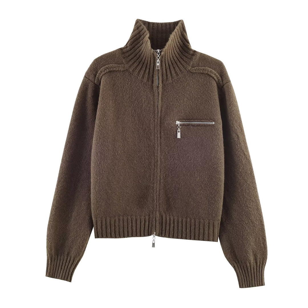 Damen Grobgestrickte Reißverschluss‑Strickjacke mit hohem Rippkragen und Brusttasche Drune