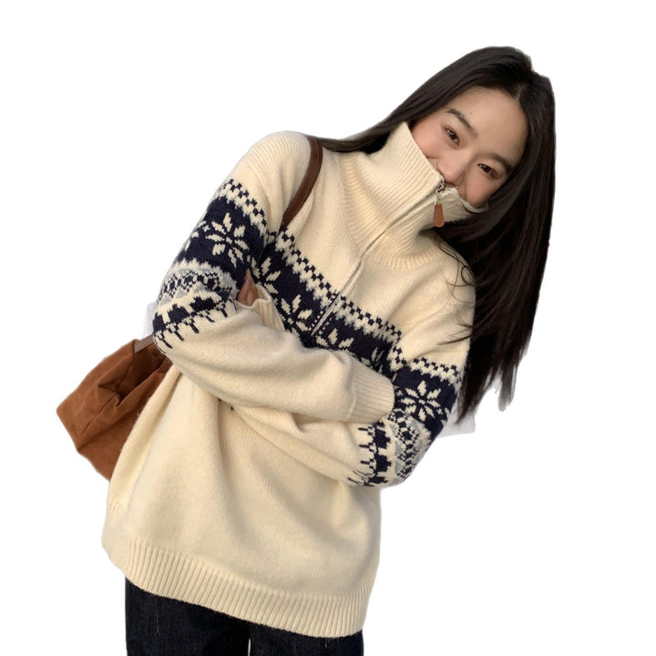 Damen Gemütlicher Strickpullover mit Stehkragen Drune
