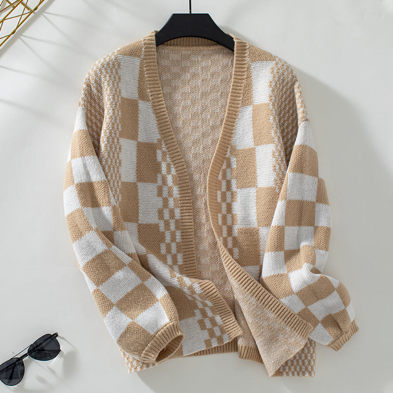 Drune | Kariert Gestrickte Strickjacke für Damen