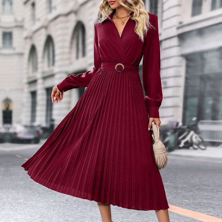 Damen Plissiertes Midikleid mit eleganter Wickeloptik und Taillengürtel Drune