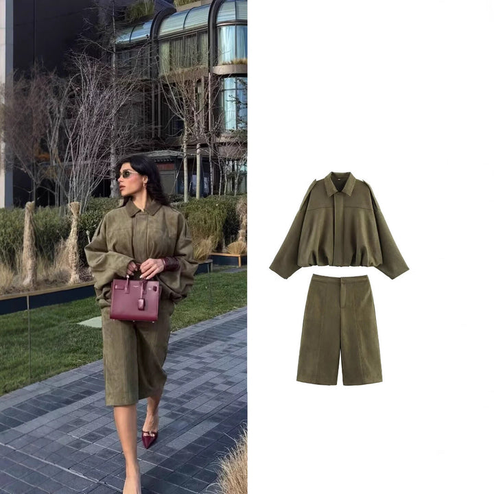 Damen weite Culotte mit eleganter Veloursstruktur und praktischen Taschen Drune