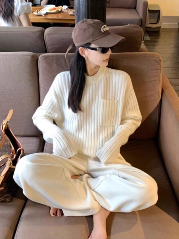 Damen Oversize-Rippenstrickpullover mit Brusttasche und Mockneck Drune