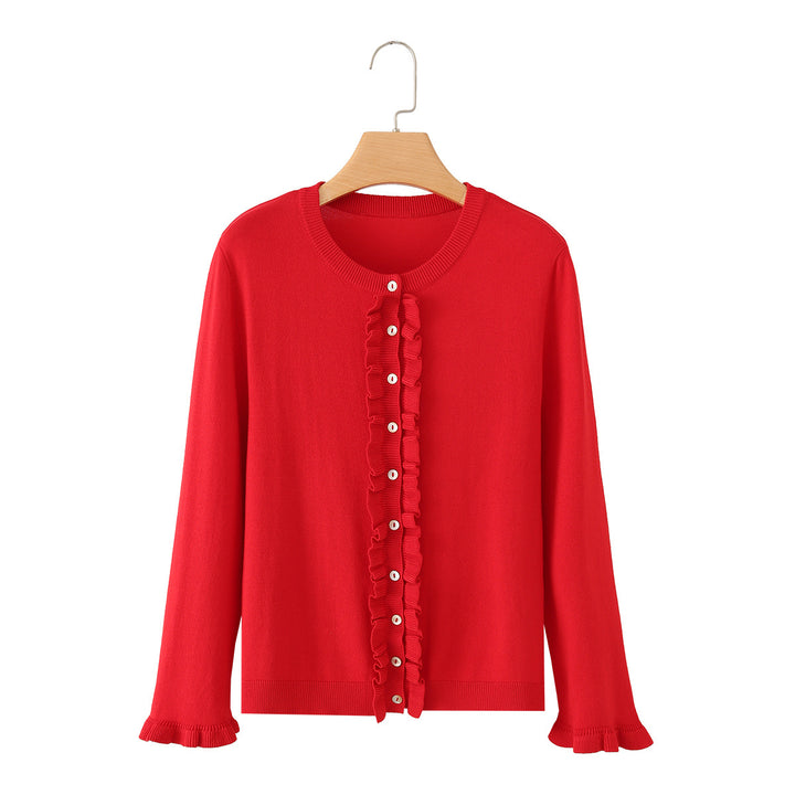 Damen Rüschensaum Strickjacke mit Knopfleiste und Volantärmeln Drune