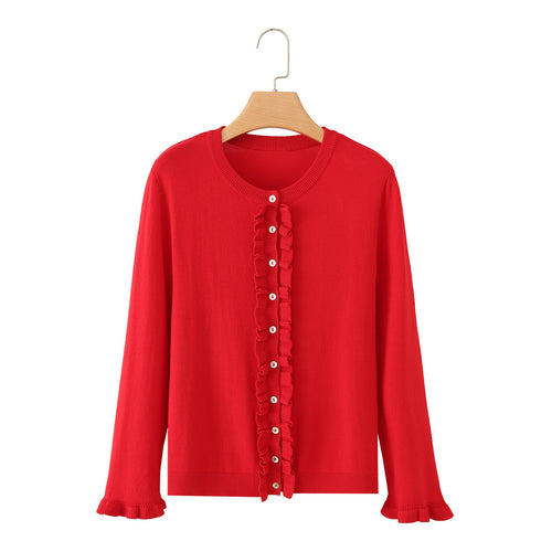 Damen Rüschensaum Strickjacke mit Knopfleiste und Volantärmeln Drune
