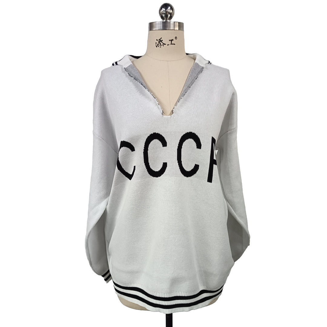 Damen oversize Strickpullover mit tiefem V-Ausschnitt und Kapuze Drune