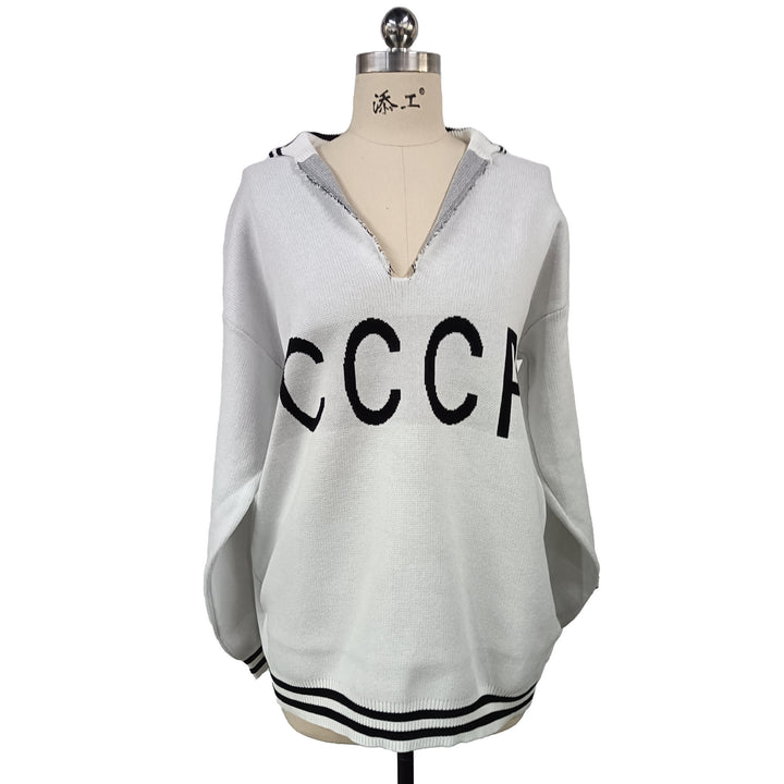 Damen oversize Strickpullover mit tiefem V-Ausschnitt und Kapuze Drune