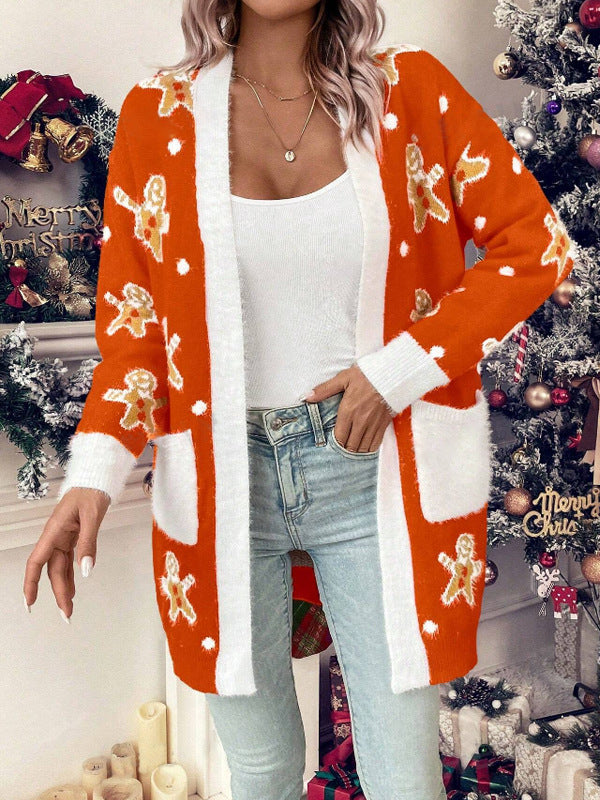 Damen Weihnachts-Cardigan mit festlichem Ingwerbread-Motiv und praktischen Taschen Drune