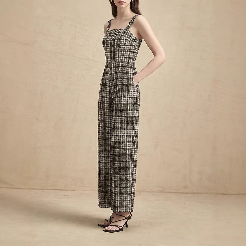 Damen Jumpsuit mit weiten Hosenbeinen und feinem Karomuster Drune