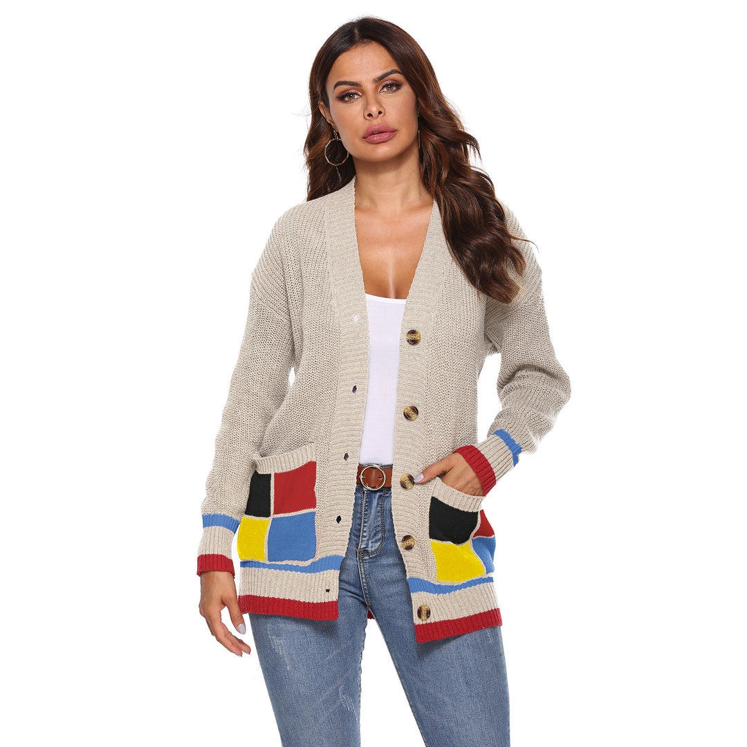 Damen Strickjacke mit bunten Akzentdetails und großen Knöpfen Drune