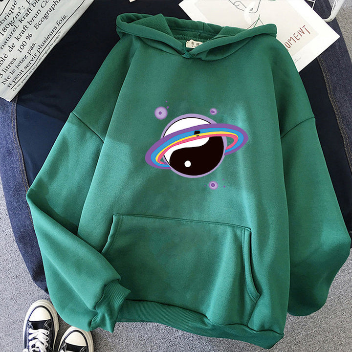 Damen nan Oversized Kapuzenpullover aus Baumwollmischung mit Planeten-Yin‑Yang-Grafik und Kängurutasche Drune