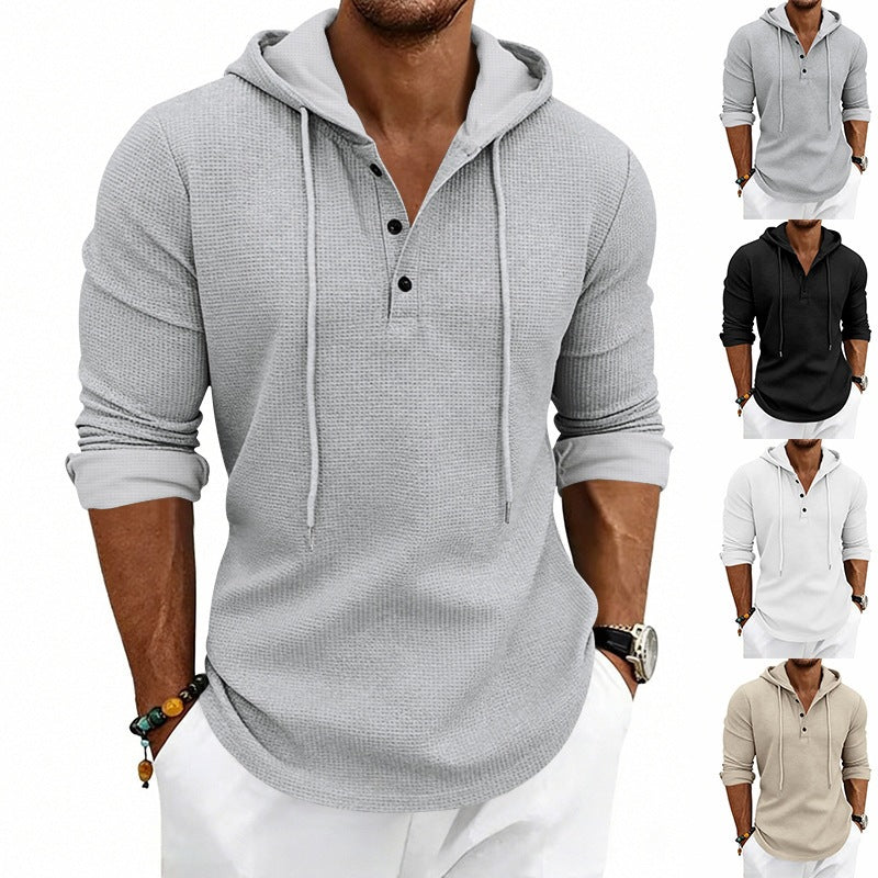 Herren Texturiertes Kapuzen-Langarmshirt mit Knopfleiste und Waffelstruktur Drune